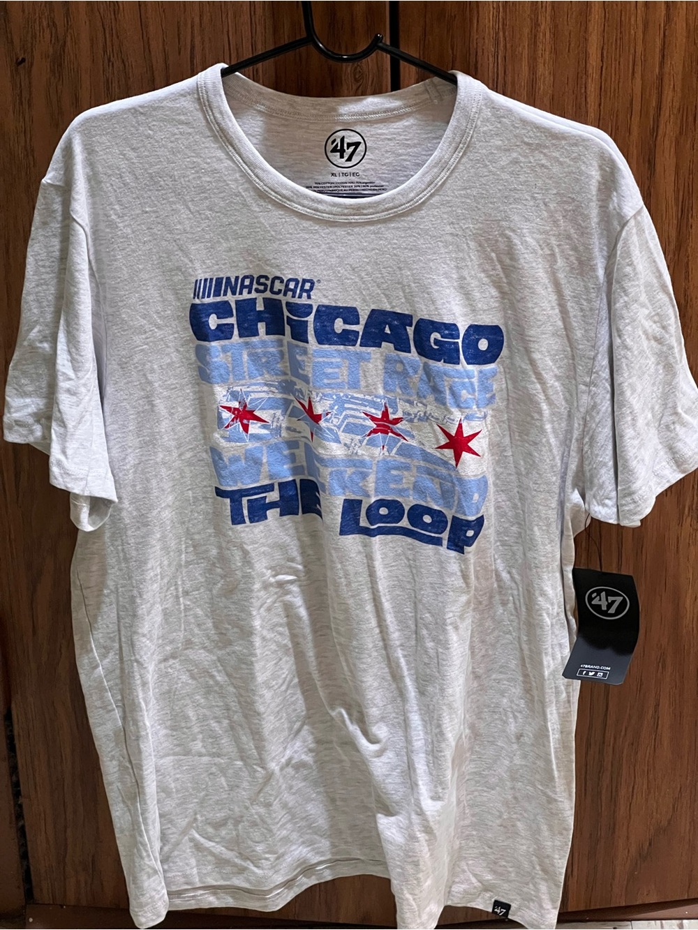47 Brand White Chicago NASCAR Loop Graphic T-Shirt with Blue and Red Print